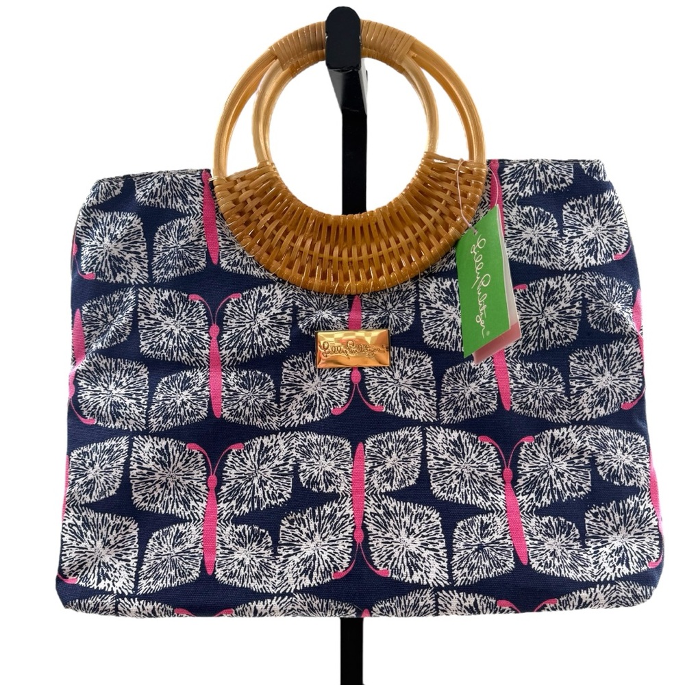 Lilly Pulitzer Straw Handle Tote Bag Navy Blue Buttefly Beach Travel Purse‎ NWT